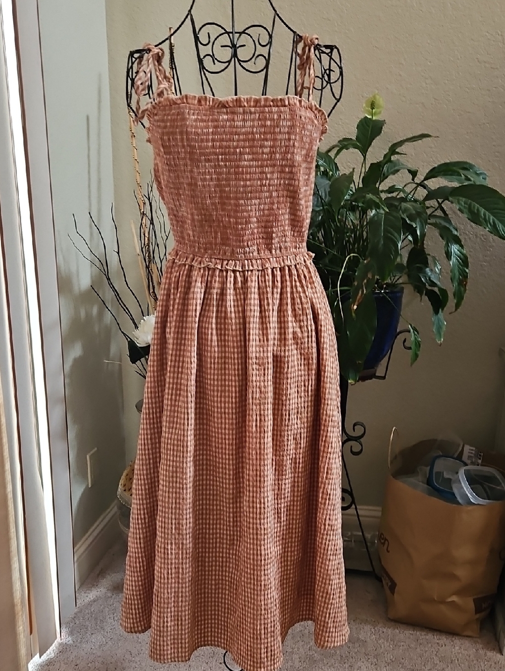 Fashion Nova Rust Gingham Smocked Midi Dress